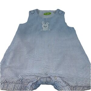 Be Mine Sleeveless Romper Blue & White Stripes Fuzzy Bunny 24 Months